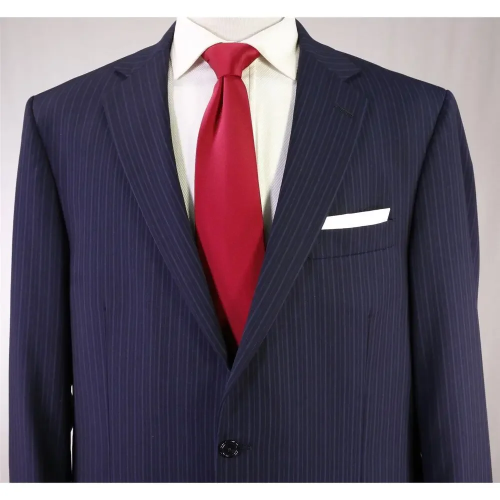 Hart Schaffner Marx Very Recent Navy Blue Striped 2-Btn Wool Suit 44L